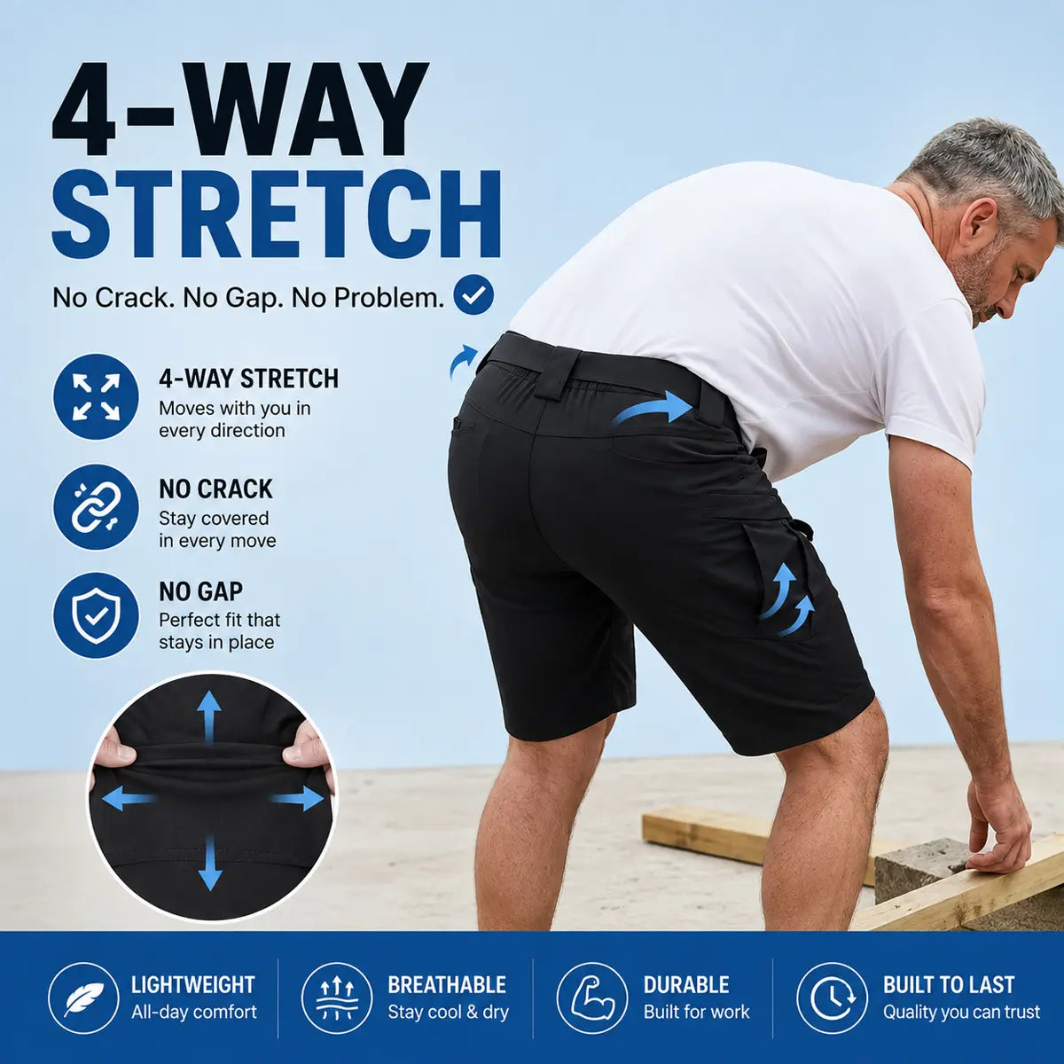 Men's Waterproof Work Shorts - 4 Way Stretch, 10 Pockets